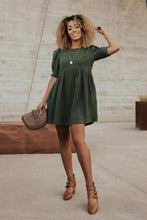 Load image into Gallery viewer, Puff Sleeve Babydoll Dress in Hunter Green