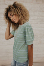 Load image into Gallery viewer, Striped Puff Sleeve Tee in Sage Green
